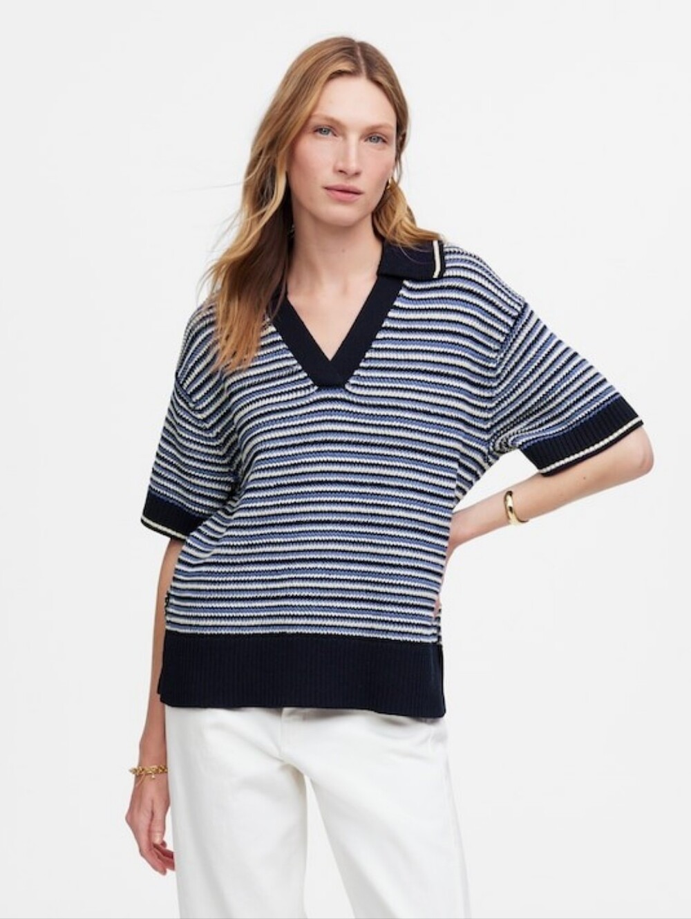 Madewell Striped Johnny Collar Sweater Tee Short Sleeves Large All Cotton